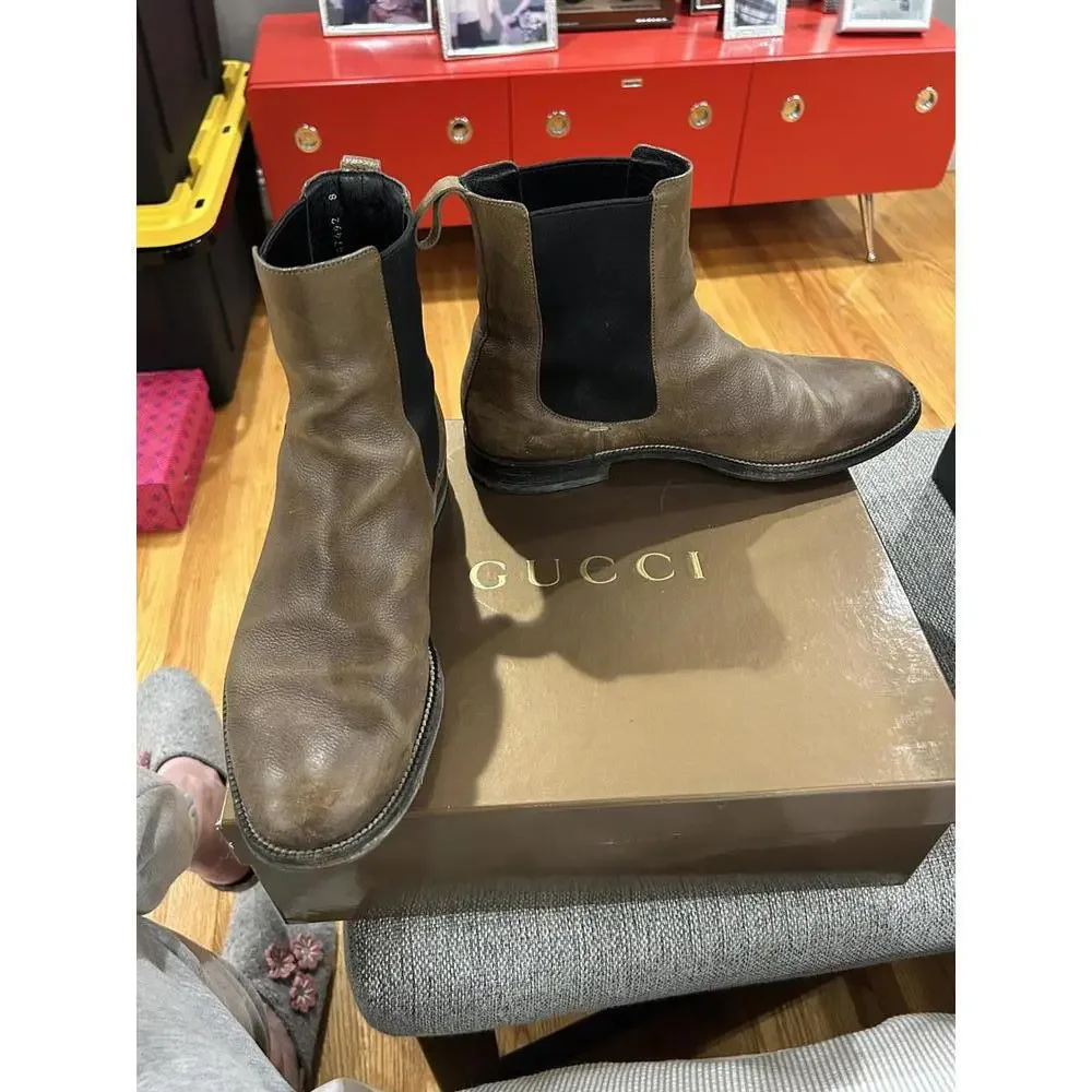 Gucci Brown Leather Chelsea Boots with Black Elastic Side 8 - Picture 1 of 6